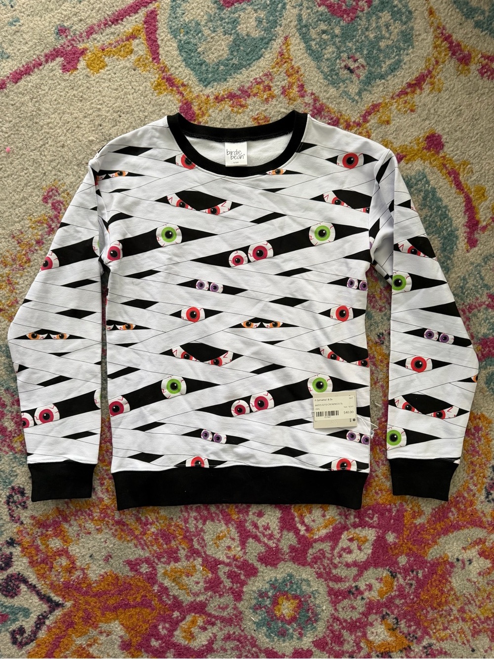 Kids' White Eye-Print Crewneck Sweatshirt with Black Trim